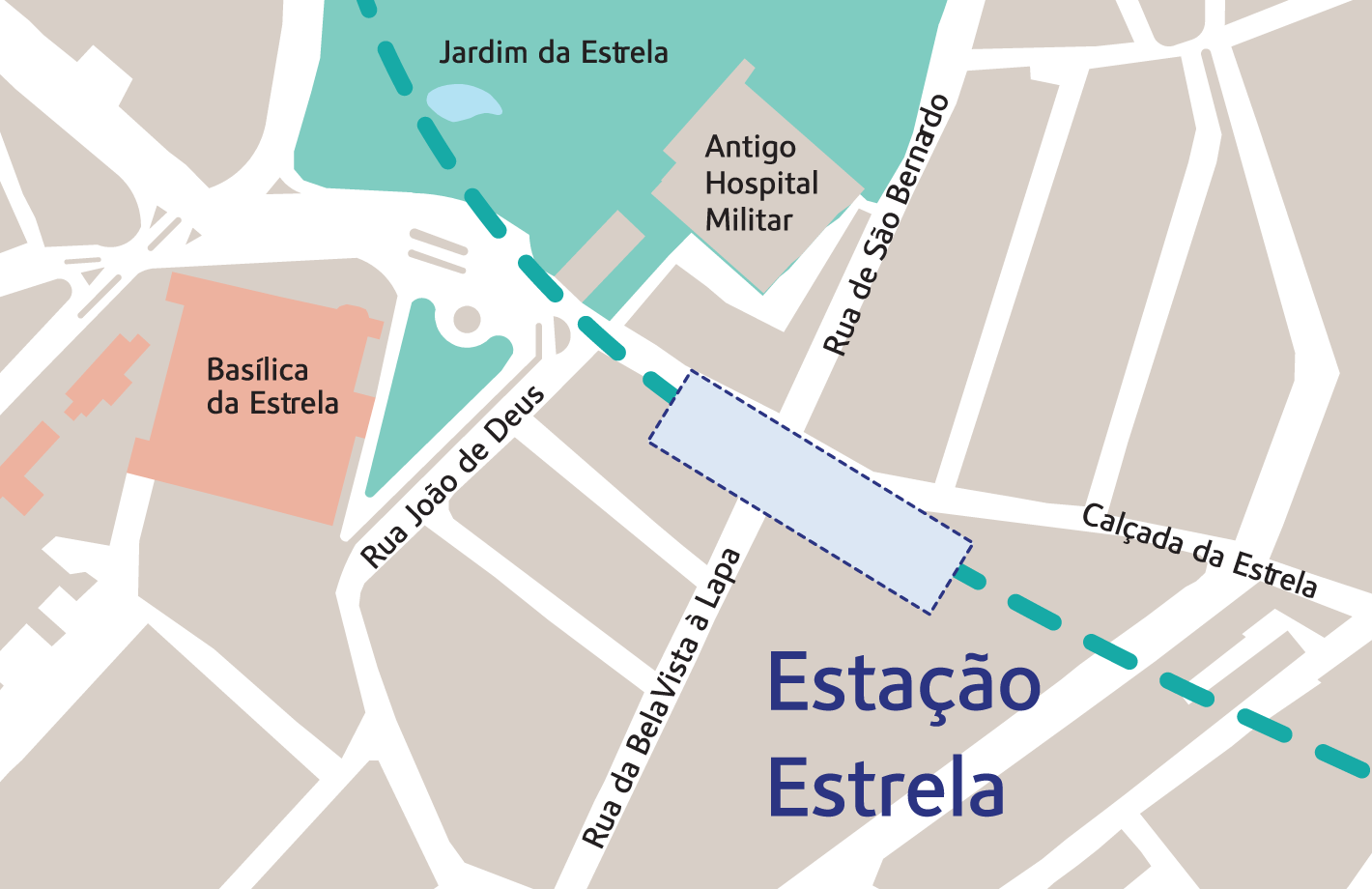 Diagrama da localização da futura estação Estrela. A futura estação ficará localizada na Calçada da Estrela, em frente à Basílica da Estrela, com acesso na extremidade Sul do Jardim da Estrela.
