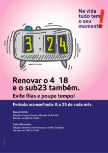Imagem do cartaz da campanha Na vida tudo tem o seu momento e renovar o 4_18 e o Sub23 também, recomendando que se evite filas e poupe tempo, dirigindo-se ao Espaço Cliente ou Espaço Navegante num período aconselhado de 6 a 25 de cada mês.