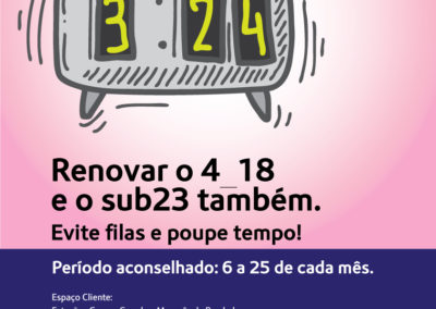 Imagem do cartaz da campanha Na vida tudo tem o seu momento e renovar o 4_18 e o Sub23 também, recomendando que se evite filas e poupe tempo, dirigindo-se ao Espaço Cliente ou Espaço Navegante num período aconselhado de 6 a 25 de cada mês.