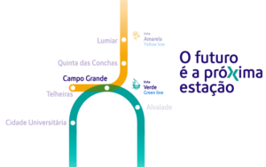 Diagrama das linhas amarela e verde, com destaque à estação Campo Grande