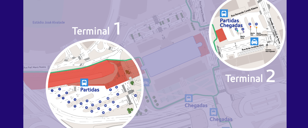 Mapa com indicação dos terminais 1 e 2 Mapa com indicação dos terminais 1 e 2