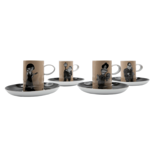 Imagem das 4 chávenas de café com as caricaturas dos atores descritos na informação de produto.