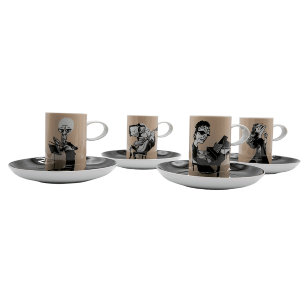 Imagem das 4 chávenas de café com as caricaturas dos músicos descritos na informação de produto.