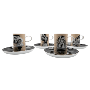 Imagem das 4 chávenas de café com as caricaturas dos pintores descritos na informação de produto.