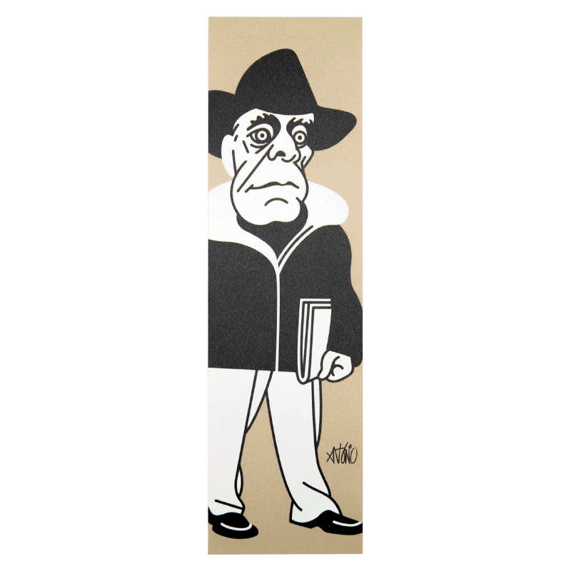Imagem de marcador com caricatura de António Lobo Antunes.