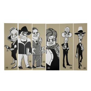 Imagem de 6 marcadores com caricaturas dos artistas descritos no produto.