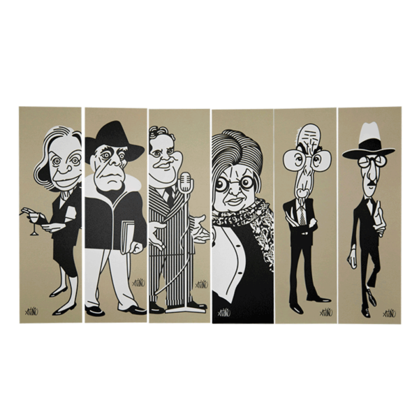 Imagem de 6 marcadores com caricaturas dos artistas descritos no produto.