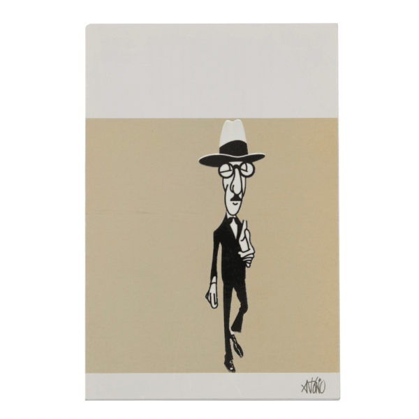 Imagem de postal com caricatura de Fernando Pessoa.