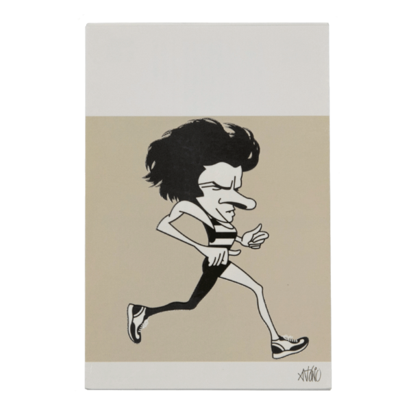 Imagem de postal com a caricatura do atleta Carlos Lopes.