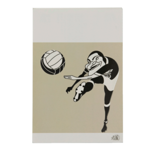 Postal com caricatura de Eusébio, a rematar uma bola de futebol.