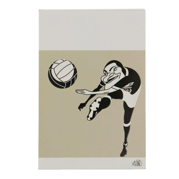 Postal com caricatura de Eusébio, a rematar uma bola de futebol.