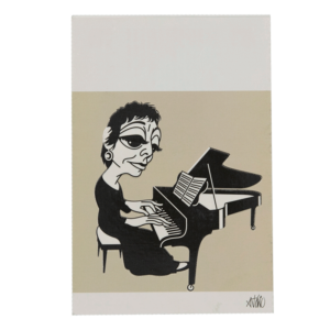 Imagem de postal com caricatura de Maria João Pires a tocar piano.