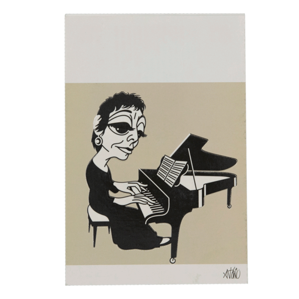 Imagem de postal com caricatura de Maria João Pires a tocar piano.
