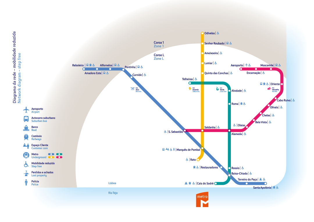 Imagem do diagrama de rede do metro que indica quais são as estações com acessibilidade