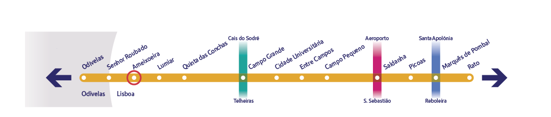 Diagrama específico da linha Amarela a assinalar a estação Ameixoeira