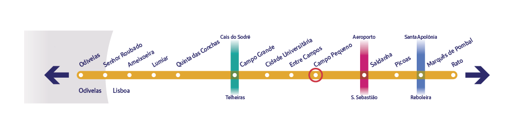 Diagrama específico da linha Amarela a assinalar a estação Campo Pequeno