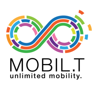 Logótipo do Mobil.t composto por imagem do símbolo infinito e o título “MOBIL.T unlimited mobility”