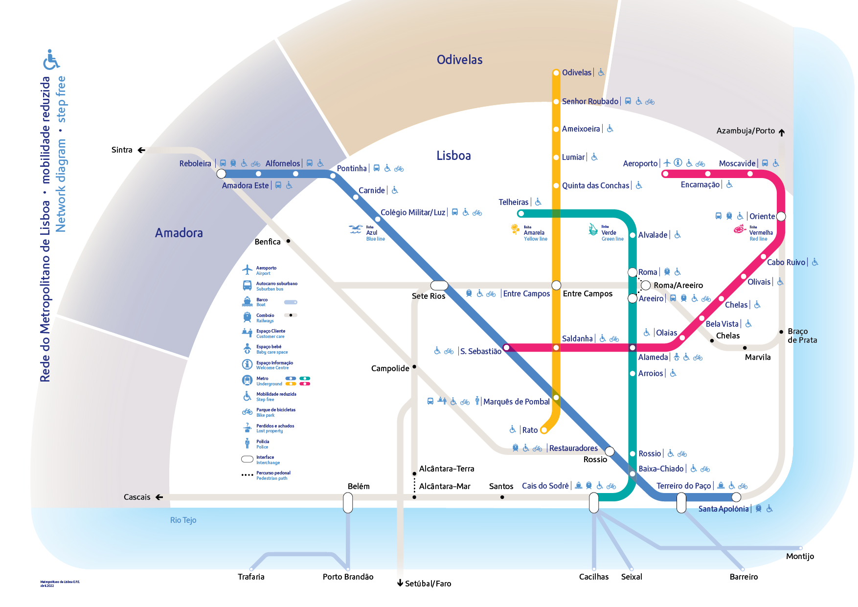 Imagem do diagrama de rede do metro que indica quais são as estações com acessibilidade