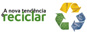 Título "A nova tendência é reciclar" juntamente com simbolo de ciclo de reciclagem