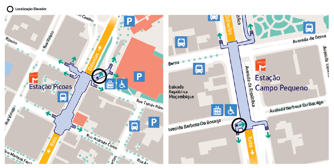 Localização dos elevadores na estação Campo Pequeno