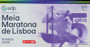 Banner promocional da EDP Meia Maratona de Lisboa 2026, com data 8 de março, destaque para os 35 anos da prova, imagem de uma corredora sobreposta à Ponte 25 de Abril e referência à corrida Vodafone 10K e à série SuperHalfs.